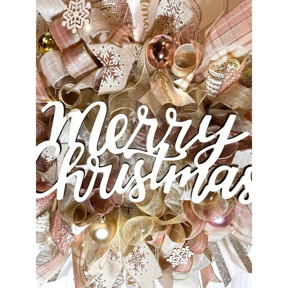 Christmas Snowflake Holiday Ribbon Door Wreath Handmade 22 ins LED W42 Gold Pink